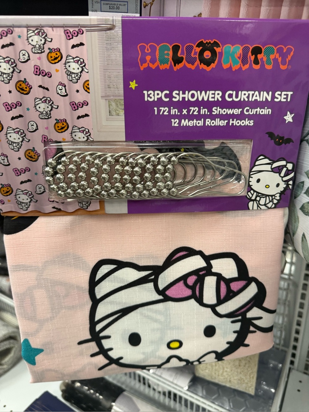 Hello Kitty Pink Halloween Shower Curtain Set with Silver Roller Hooks